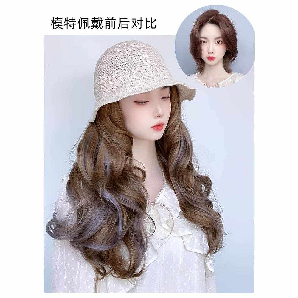 新款直销帽子假发一体式女网红带头发时尚镂空编织夏季长卷发全头