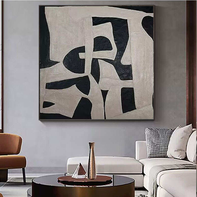 黑白手绘油画正方形客厅餐厅装饰画极简轻奢床头挂画侘寂风民宿画图片