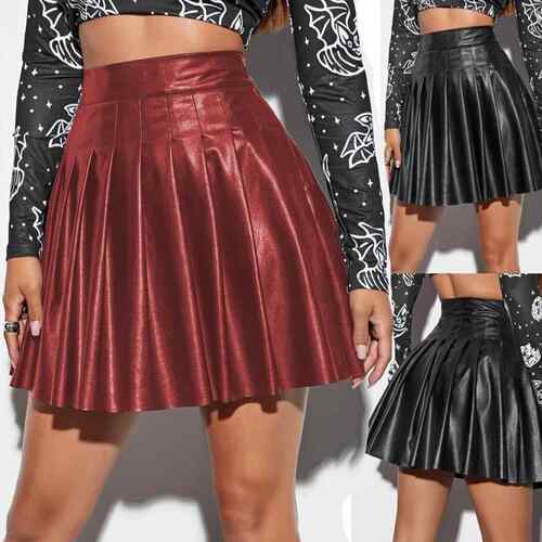 High waist PU leather pleated skirt S-2XL 高腰PU皮百褶短裙