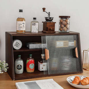 CG北欧日式装饰复古楠竹木桌面碗盘碟杯子餐具收纳柜置物柜展示柜