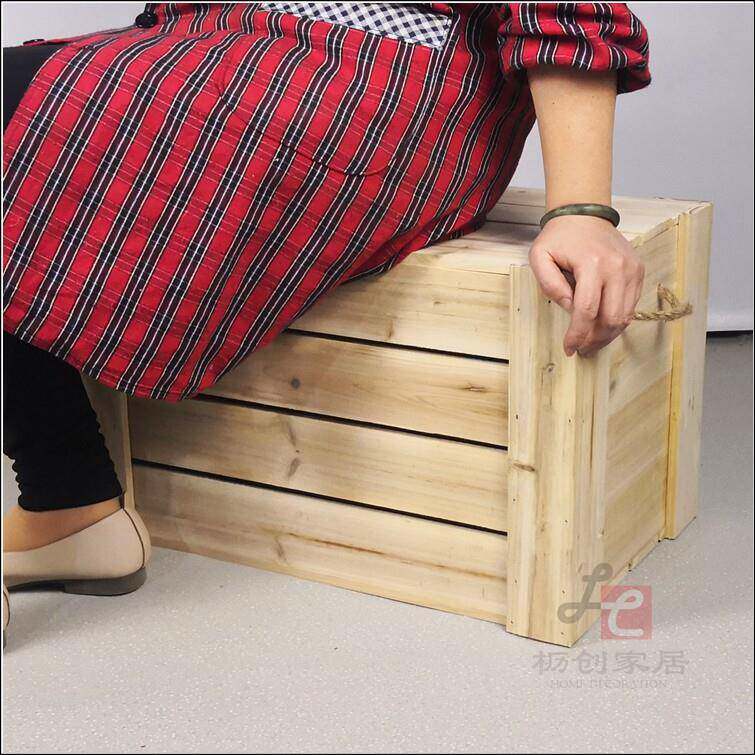 实木板条带盖收纳箱长方木制储物箱凳复古阳台木箱大号可坐人箱子