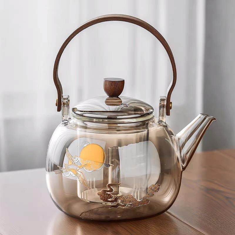 金银茶色蒸茶壶高硼硅玻璃泡茶壶蒸煮两用烧水壶家用提梁壶煮茶器