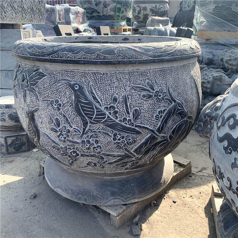石雕鱼缸石头庭院圆形装饰件盆水缸荷花鱼花青石仿养古超摆202306