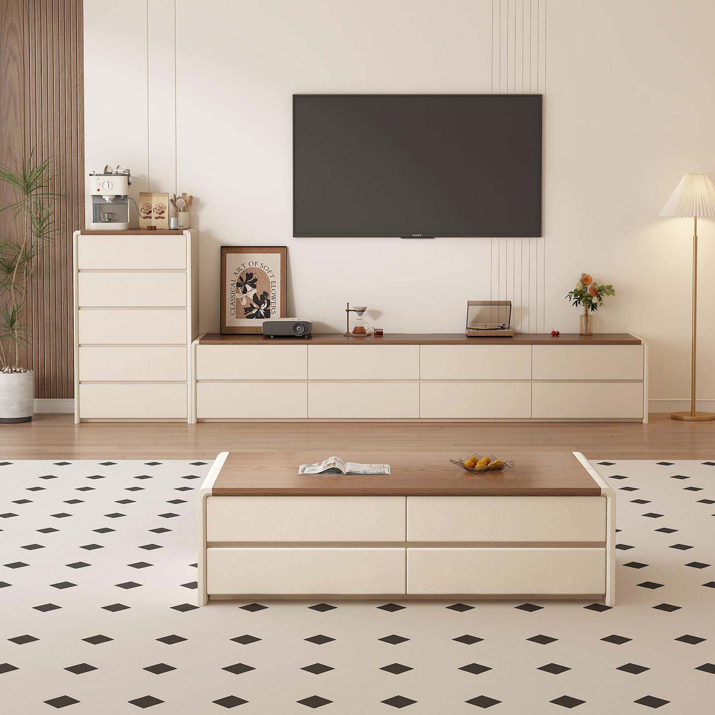 中古奶油风电视柜高款落地实木客厅家用收纳储物柜一体2026新款