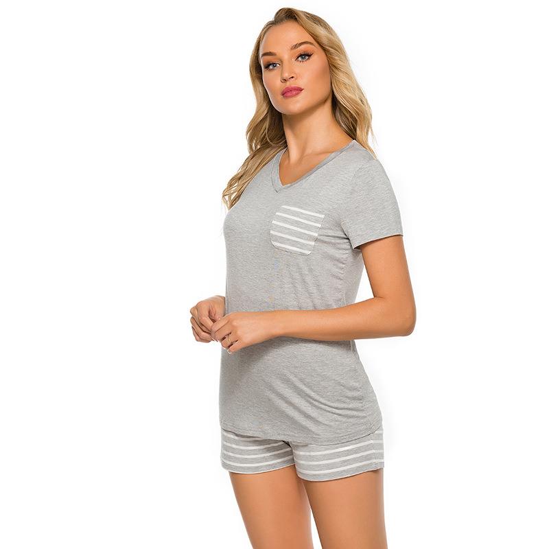 Pajamas striped V-neck short-sleeved shorts two-piece suit