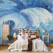 3D个性 风壁画 艺术手绘抽象海浪背景墙纸壁纸现代简约酒店宾馆美式