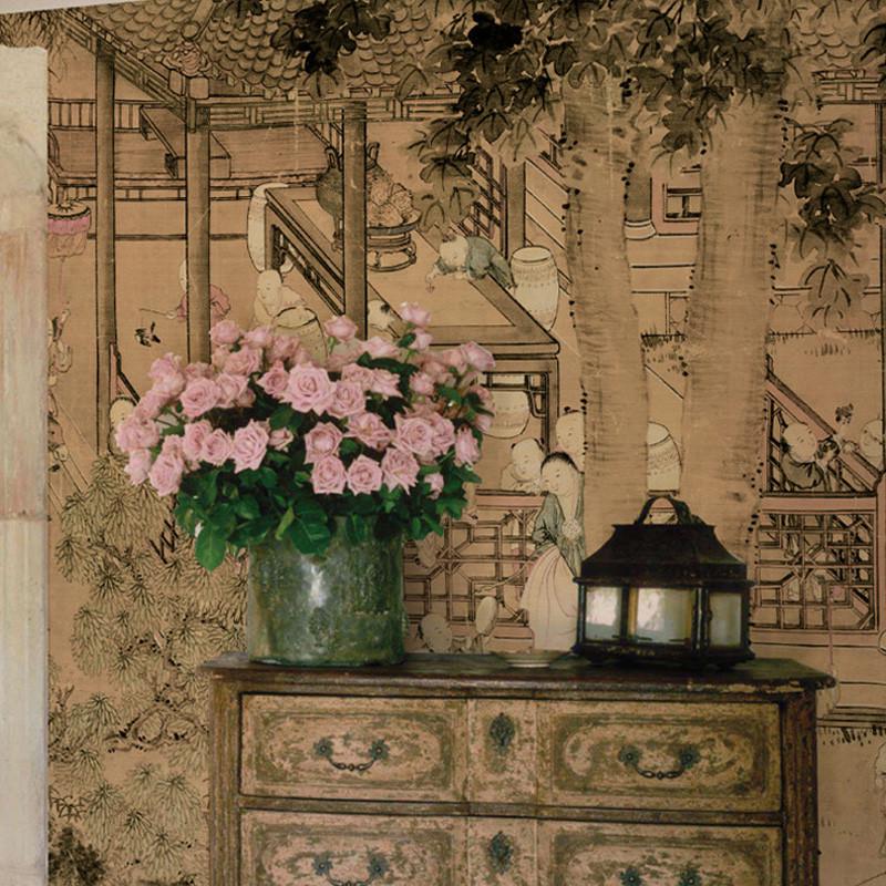 无缝墙布壁画定制 百子图墙纸国风新中式客厅卧室大型定制墙画