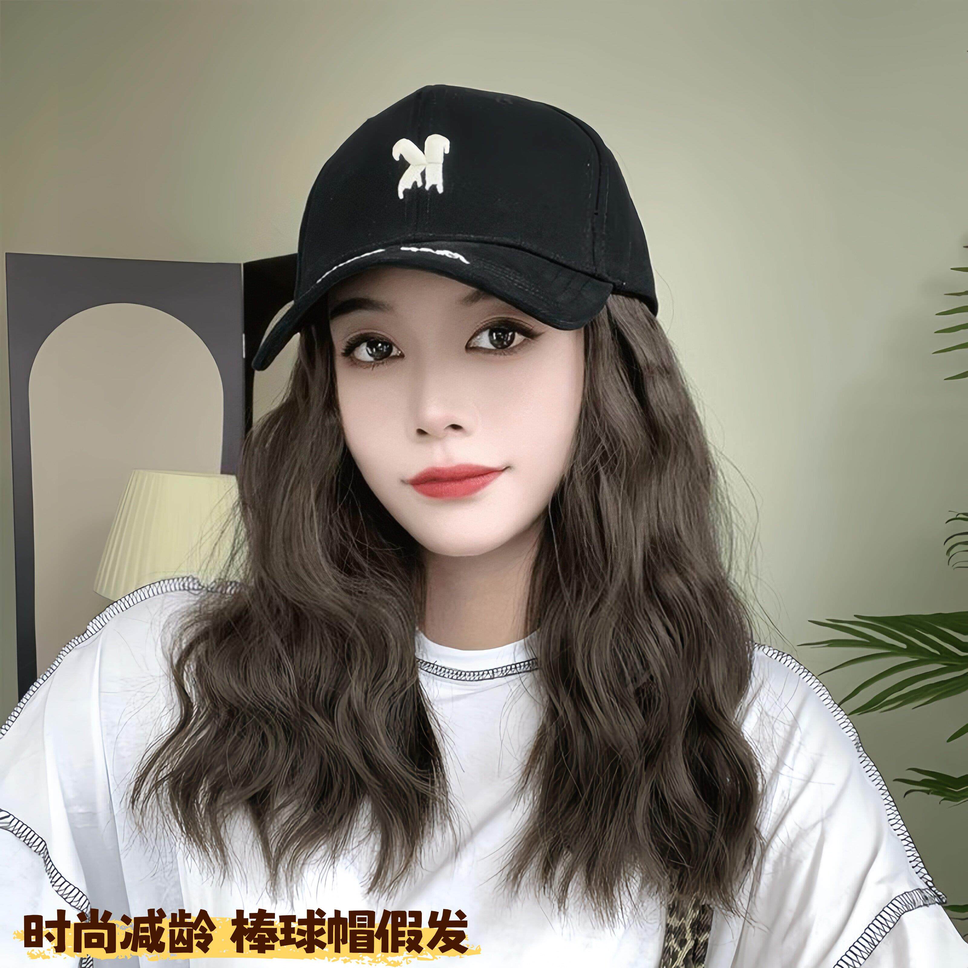 带帽子的假发一体彷真发时尚长卷发大波浪棒球鸭舌帽假发帽大头围
