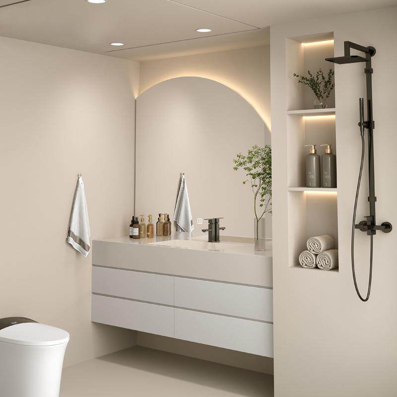 现代原木岩板一体盆浴室柜原木色组合无缝盆卫生间洗手洗脸洗漱台