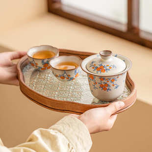 杏花蓝枝汝瓷盖碗茶杯泡茶家用三才茶碗带盖单个高档功夫茶具套装