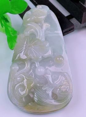 缅甸天然正品翡翠冰飘黄翡满色高端精品闪拍荷花鱼玉石吊坠60.52g
