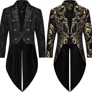 Men's steam tailcoat jacket, black woven brocade wedding