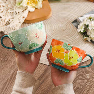 复古濑户烧早餐杯家用手绘浮雕陶瓷杯大容量办公花茶杯牛奶燕麦杯