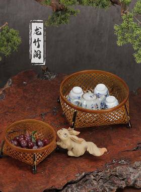 竹编水果篮中式复古圆形家用收纳筐零食点心篮竹篓高脚茶盒干果篮