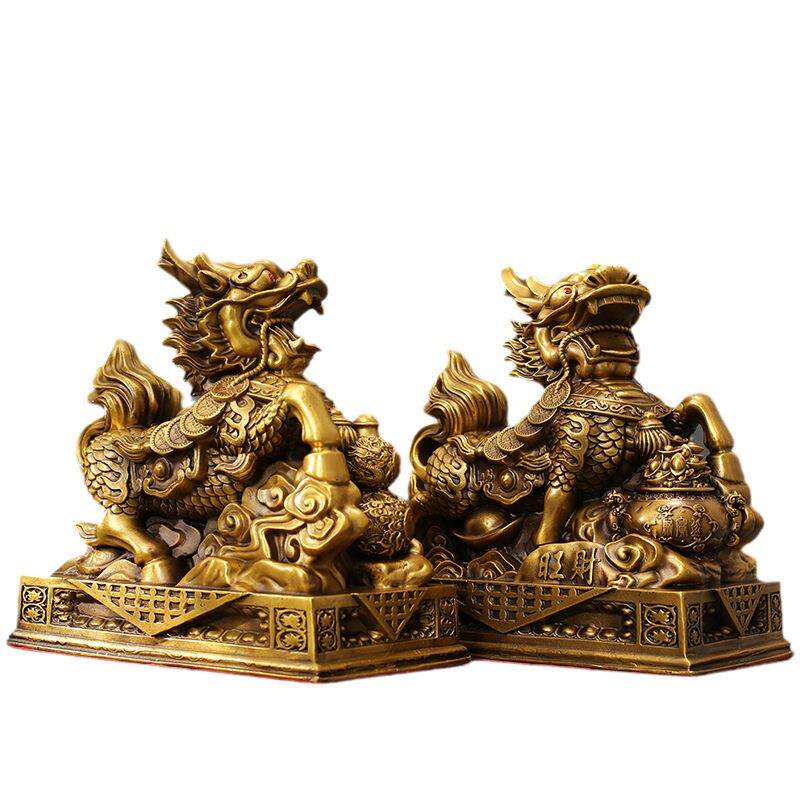 一对麒麟旺财纳福麒麟摆件客厅家居工艺品摆饰开业送礼店铺铜装饰