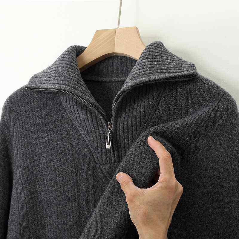 Mostarsea~100%纯羊绒衫男翻领拉链毛衣秋冬羊毛衫纯色针织打底衫