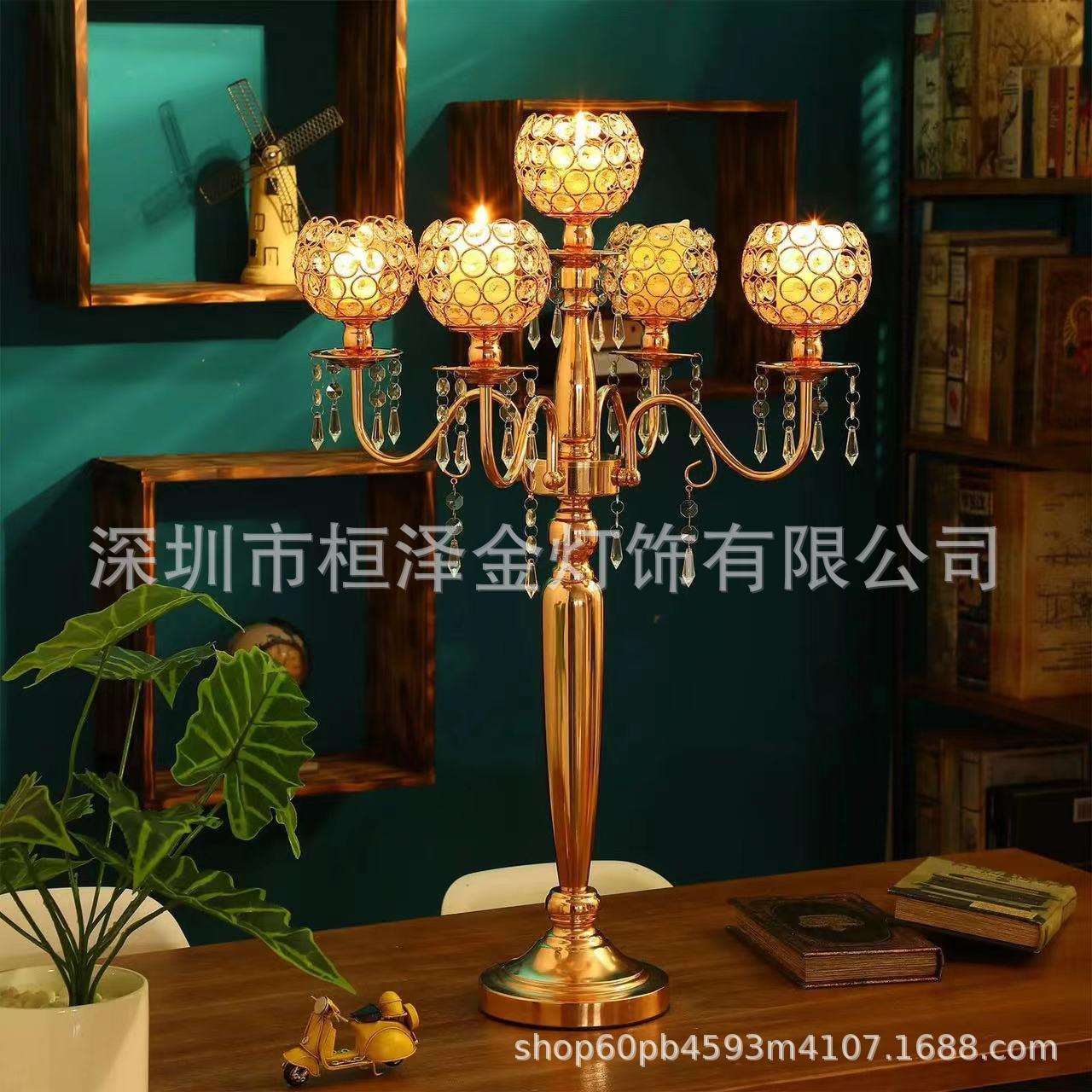 婚庆道具5头水晶电镀烛台欧式浪漫烛台工艺品摆件轻奢酒店装饰品.