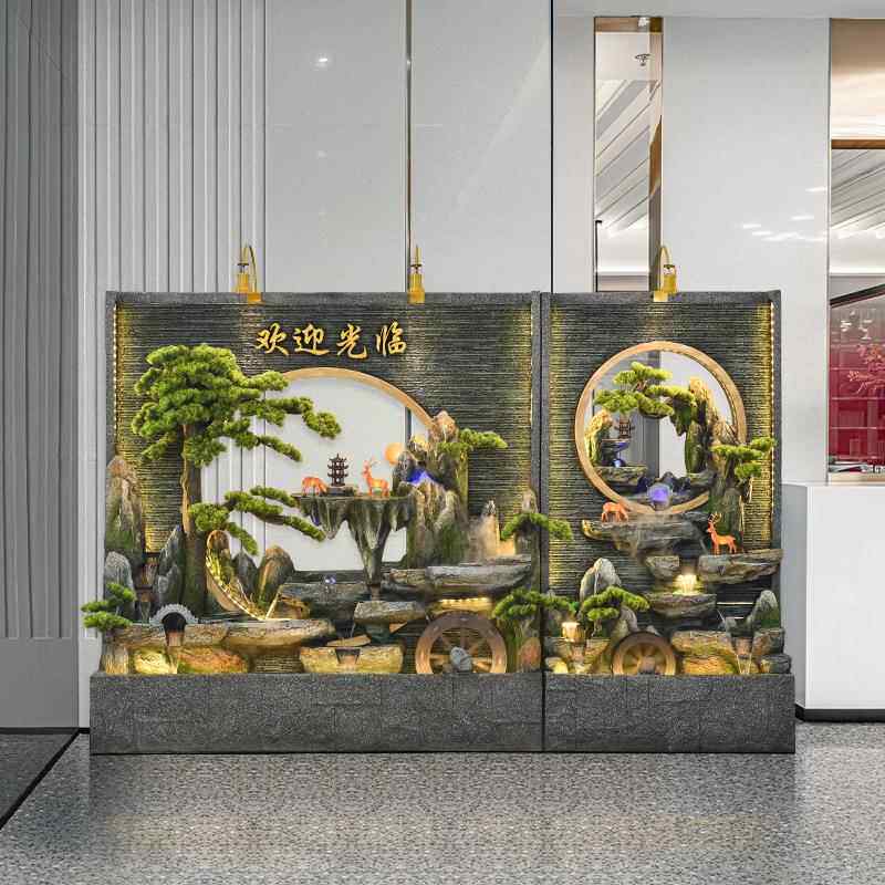 幕墙流墙屏风酒店客水FRO厅玄隔断庭水院装饰假山鱼池喷泉景观摆
