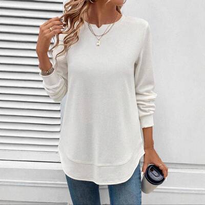 Women's Asymmetrical Hem Waffle Knit Long Sleeve Top