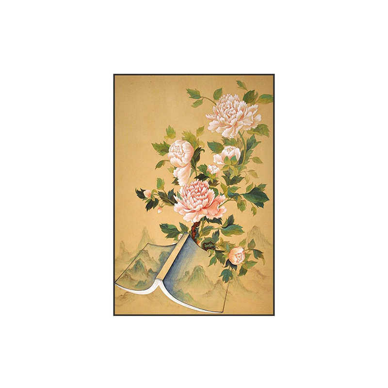 新中式黄色山水牡丹国画古典客厅装饰画竖版书房茶室玄关壁画挂画