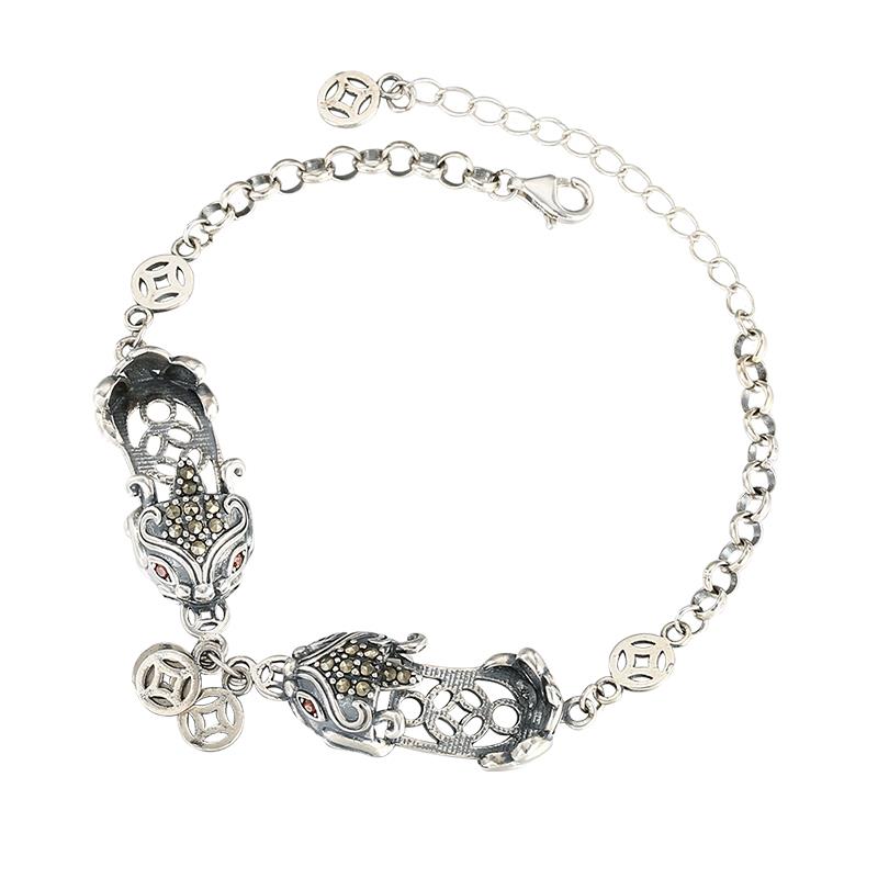 高档S925纯手链手托镯空托 复古貔银貅男手女diy蜜蜡琥珀手镯空情