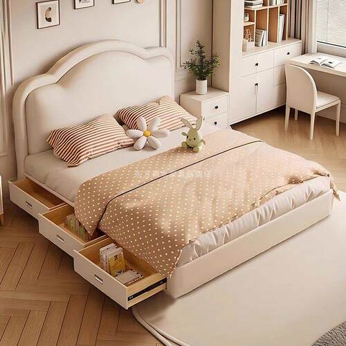 云朵床现代简约男孩储物实木床小户型卧室真皮床儿童床女孩公主床