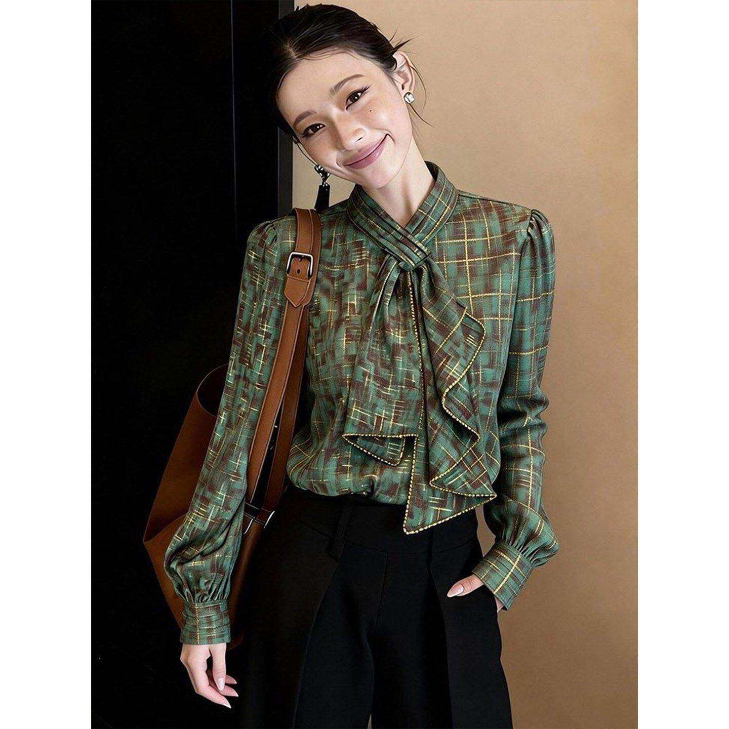 高档轻奢法式气质格纹飘带衬衫女士春秋新款时髦长袖百搭上衣衬衫