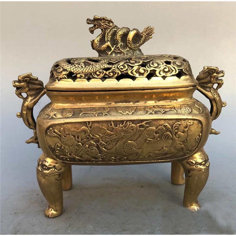 仿古道盘香盘龙佛带盖香炉摆件工艺熏香香具古玩黄铜黄铜炉