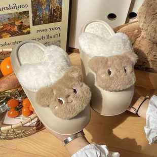 厚底保暖室内家居可拆卸毛毛棉鞋 可爱小熊防水棉拖鞋 女外穿秋冬季