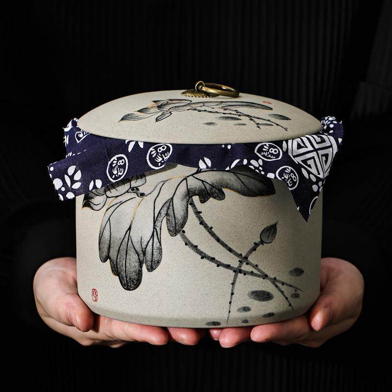 粗陶茶叶罐小号茶饼密封罐白茶普洱茶收纳盒中式复古防潮陶瓷茶罐