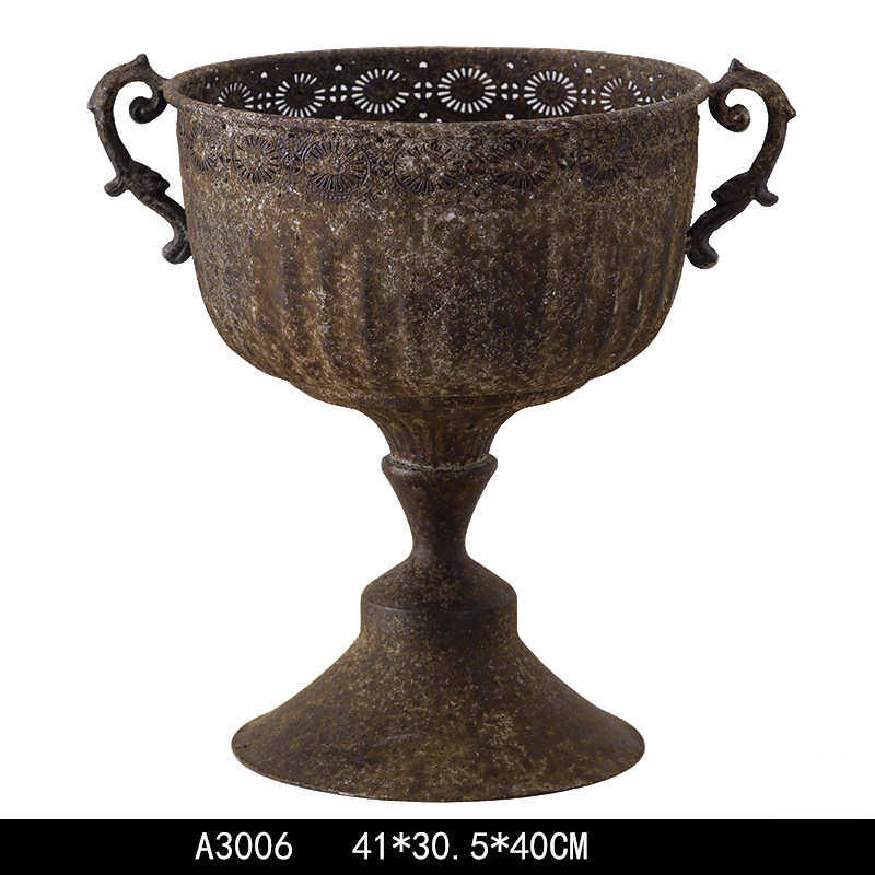 花盆装饰花器 花瓶铁旧家居工艺品欧式金属高脚艺奖杯复古做摆件