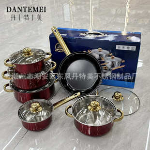 set 出口炫彩不銹鋼套鍋不粘鍋12件套鍍金把手cookware pots