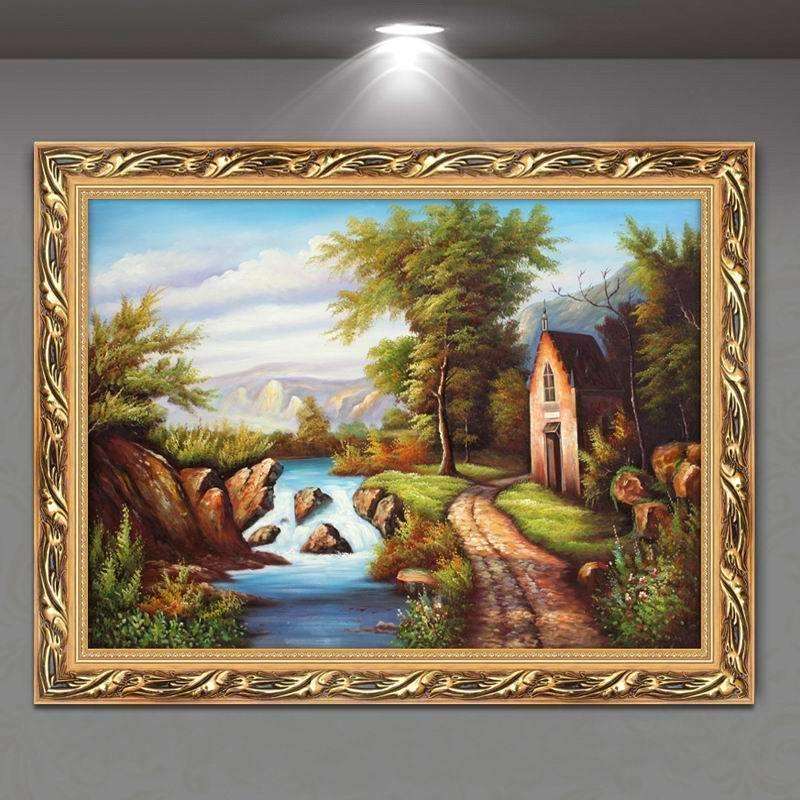 山水画风景挂画客厅装饰画三联有框画玄关油画欧式墙壁挂画中式画