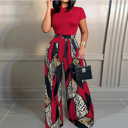 Women's Solid Color Tee & Wide Leg Pants Two-piece Set