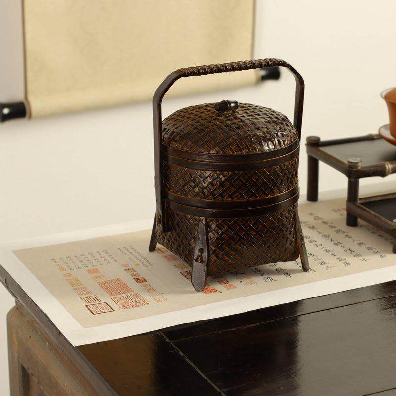 复古精编大漆竹制双层提篮 竹编送餐篮 茶点篮 厂家直销