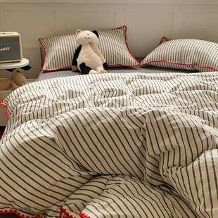 套a类水贝洗棉全棉四EIF品件套春季 壳边纯棉被简约条纹床上用三件