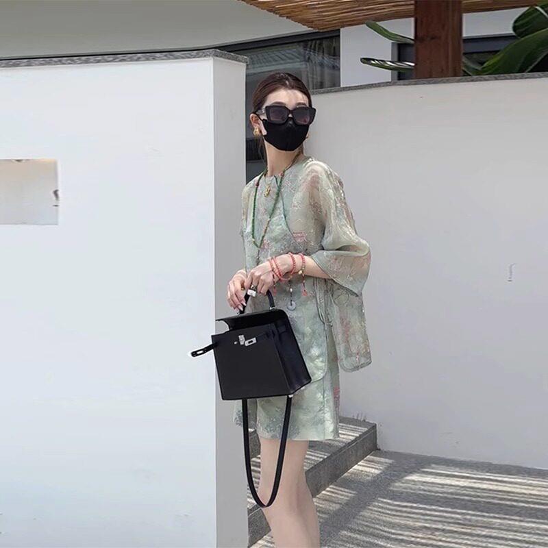 欧洲站2025新中式国风女装高端唐装绿色上衣气质奢华大牌两件套装
