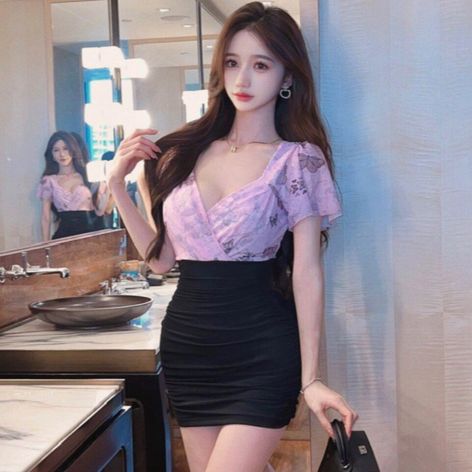 性感网纱印花拼接紧身裙子女2024夏季领修身收腰包臀打底连衣裙