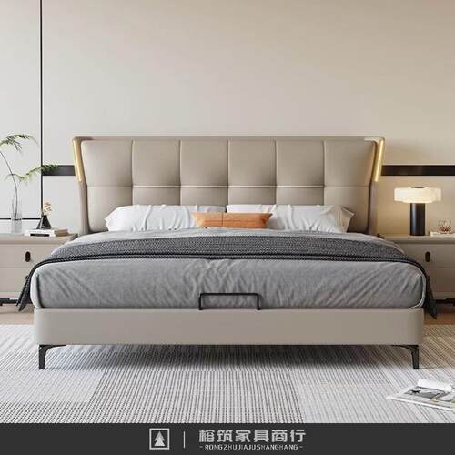 意式轻奢皮床双人1.8x2米简约小户型1.5m家用带感应灯储物婚床