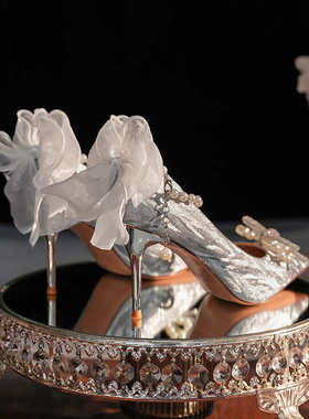 6681-58-042尖头细跟浅口花朵高跟鞋女鞋法式气质名媛婚鞋伴娘鞋