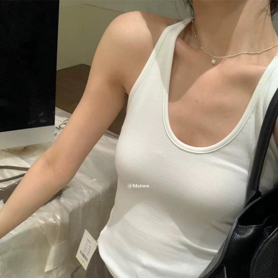 新款直销Hers早秋新品挂脖工字背心女韩版U领带胸垫修身显瘦打底