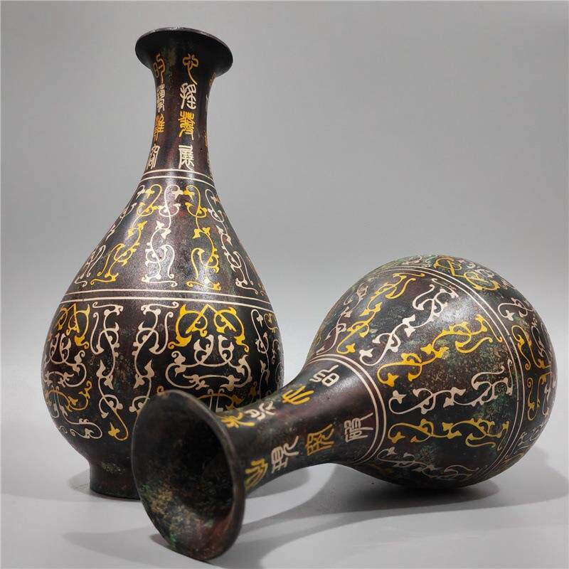 古青铜器错金花瓶插花摆件做旧工艺盛酒器博物馆复刻收藏品