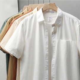 美式重磅衬衫男短袖，夏季纯色原创翻领，口袋白色衬衣男百搭