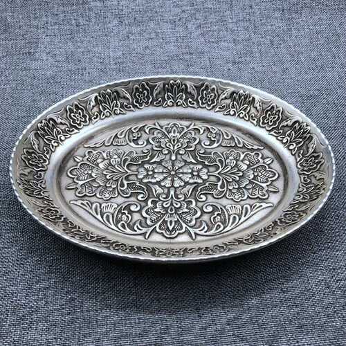 宣仿古款雕花盘子字龙凤底镀银笔洗椭圆摆件复古套装白铜碟子银碗