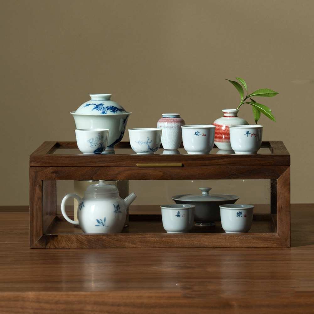 黑胡桃木五面透明玻璃茶具展示柜 防尘茶杯收纳盒茶室桌面陈列柜