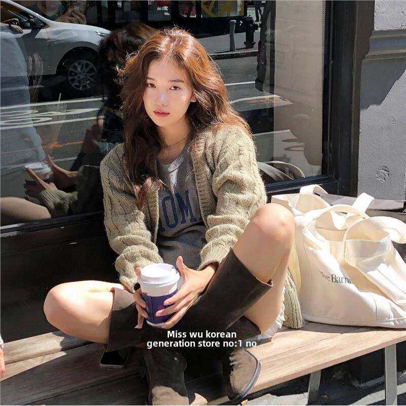 吴小姐seoul韩代韩国八奶秋冬新款V领麻花针织毛衣开衫羊毛衫外套