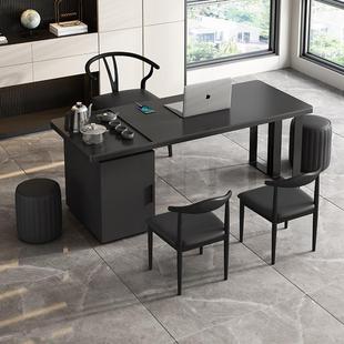 意式极简岩板功夫茶桌纯黑风格家用泡茶桌办公室书桌一体两用茶台