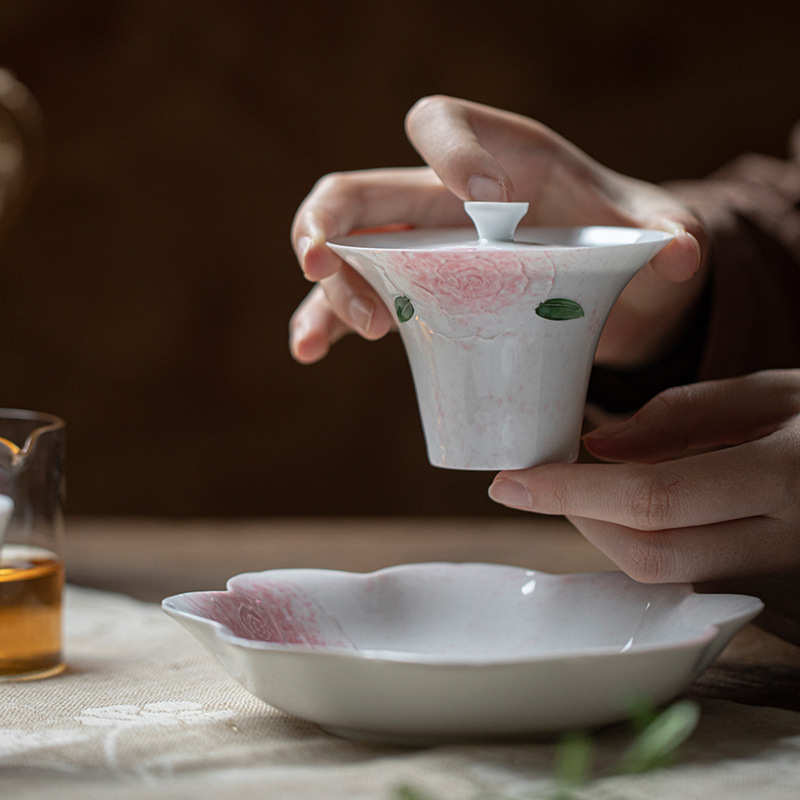 弥言白瓷手绘玫瑰花盖碗纯手工陶瓷薄胎泡茶碗茶杯不烫手功夫茶具