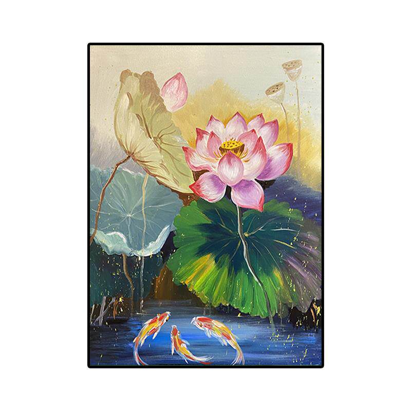 新中式客厅纯手绘油画现代玄关装饰画国风荷花抽象肌理画丙烯挂画