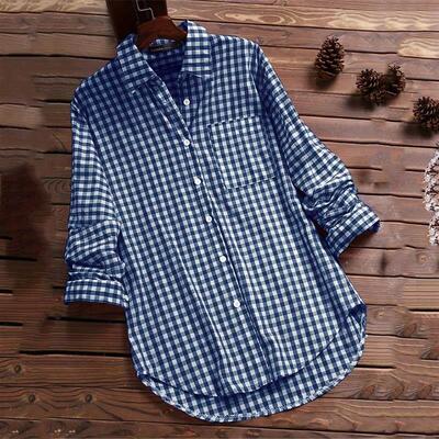 Plaid long johns lapel long sleeve shirt button down women